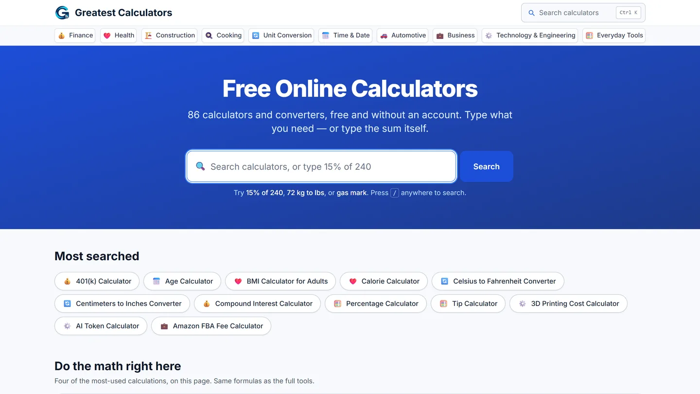 Greatest Calculators home page showing the calculator search bar and category navigation