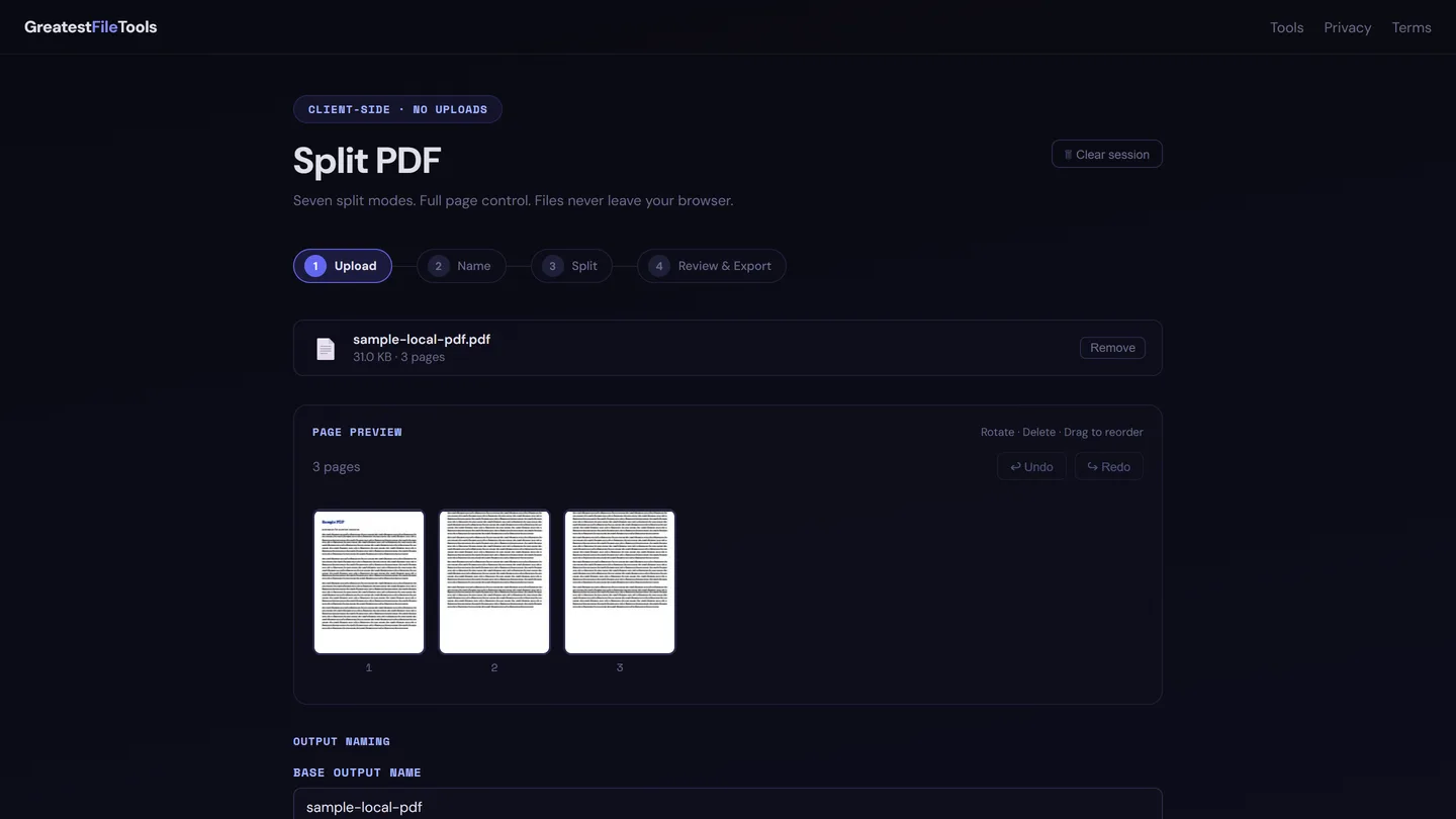 Greatest File Tools Split PDF workspace showing page previews of a loaded document